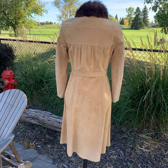 Vintage Sears Suede Real Fur Collar Belted Long Penny Lane Overcoat Trench Coat - Picture 6 of 16